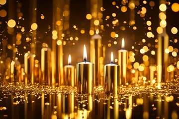 Festive Golden Display with Bokeh, Candle, and Text Space