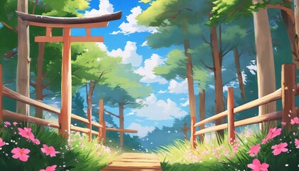 torii forest day anime background illustration
