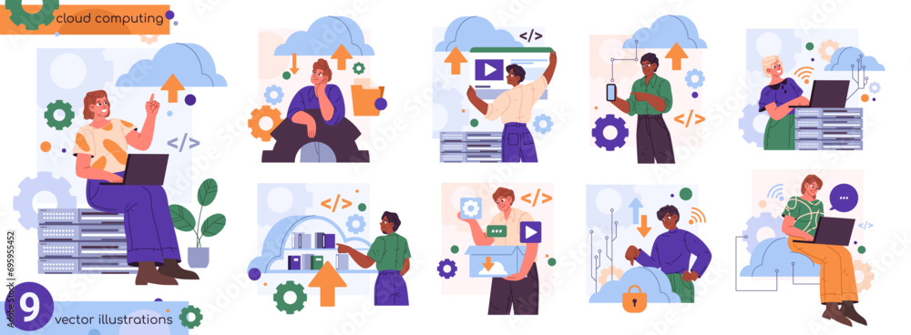 Poster People working with cloud computing systems, workers with backups. Vector, isolated employees with service for storing and exchanging documents and data through internet and data base servers