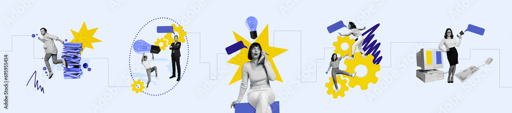 Poster creative 3d photo artwork graphics collage painting of workers communicating working in team isolate