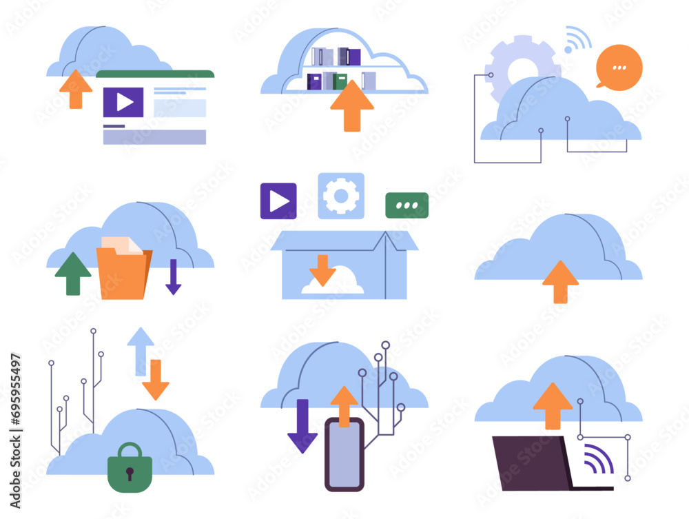 Poster Setting and configuring backup services. Vector isolated cloud computing applications storing data and documents on remote server. Safety for business files, security and connection for employees