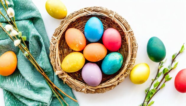 easter traditions colorful easter eggs in basket on white background top view copy space border