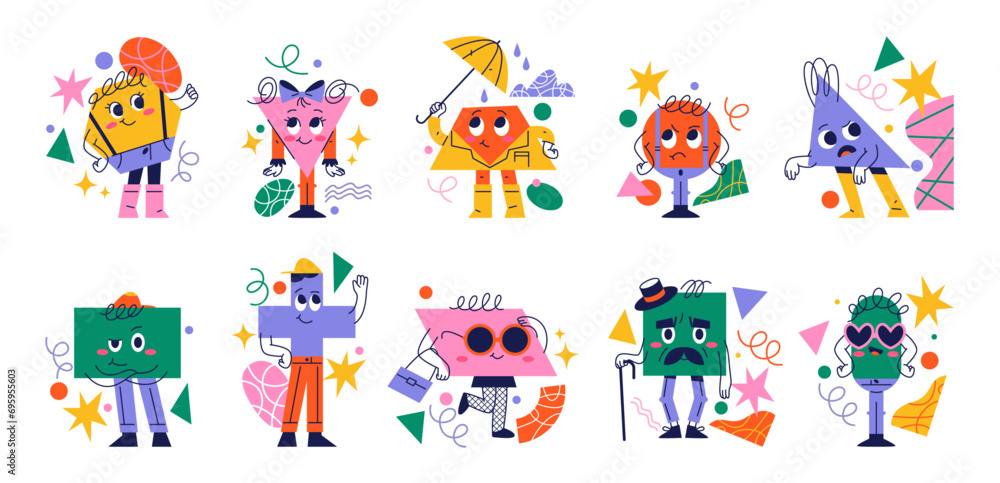 Aufkleber cute and funny personages with facial expressions. isolated cross and circle, rectangle and square, 
