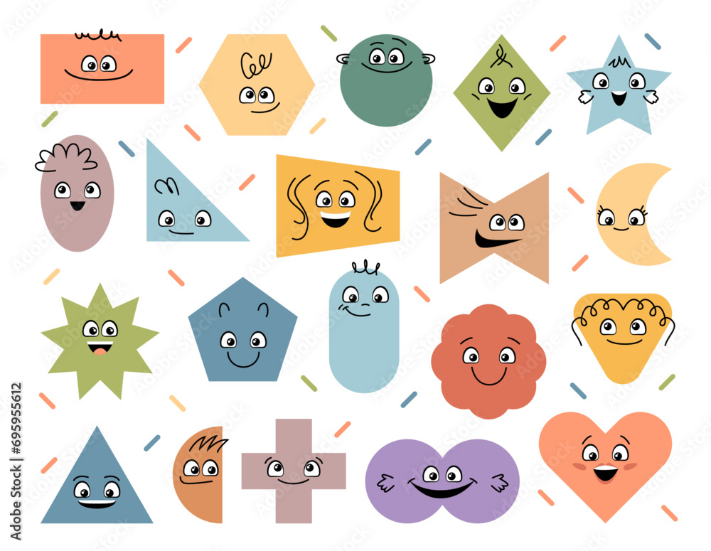 Poster funny geometric characters with smile and faces. vector isolated abstract figures, rectangles and ci
