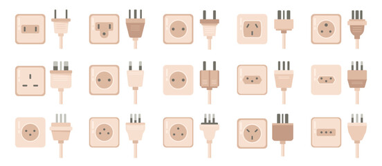 Power sockets with different plugs, isolated electric connector for appliances. Vector changing equipment, ac and supply of energy. Multiple electrical ports for homes or office building walls