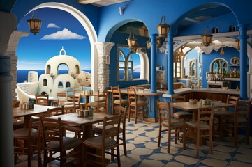 Breezy Greek tavern near sea. Travel greece. Generate Ai