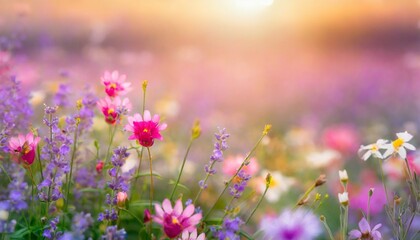 Obraz na płótnie Canvas beautiful colorful meadow of wild flowers floral background landscape with purple pink flowers with sunset and blurred background soft pastel magical nature copy space