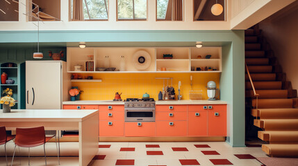 interior of a kitchen, orange and yellow , warm colors