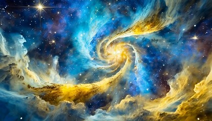 an aweinspiring sight emerges from the swirling clouds and stars of space two cosmic jets one blue and one gold spiral towards each other in a dizzying embrace that reaches out to the limits of sky - obrazy, fototapety, plakaty