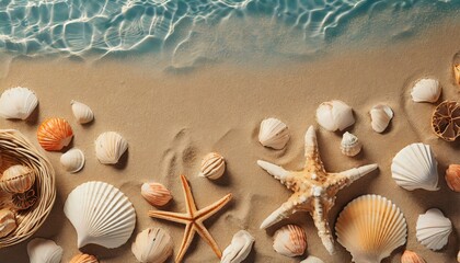 Fototapeta na wymiar top view of a sandy beach with exotic seashells and starfish as natural textured background for aesthetic summer design