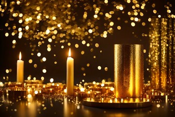 Festive Golden Scene Featuring Bokeh, Candle, and Text Space
