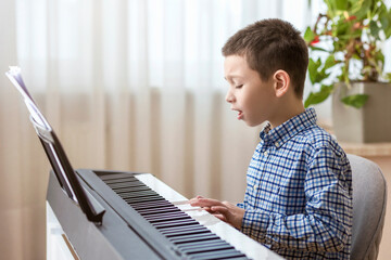 Boy Playing Piano. Little Boy Child Having fun with Learning to Play Piano and Sings Song at Music...