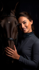Fototapeta na wymiar Happy woman and horse in stable, shared joy. 