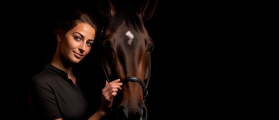 Fototapeta na wymiar Confident woman with horse on dark background. 
