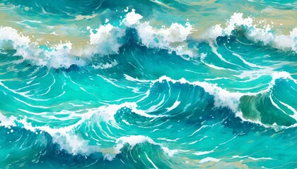 seamless abstract turquoise blue rolling ocean waves seascape painting background texture...