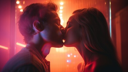 Side view of young man and woman kissing each other with closed eyes while standing in dark room with neon illumination - obrazy, fototapety, plakaty
