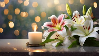funeral beautiful lilies and burning candle on light blurred background bokeh effect