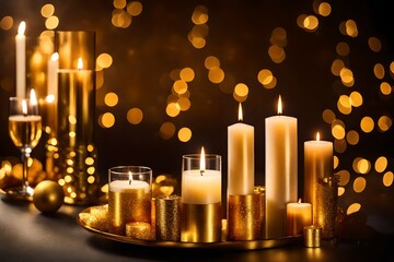 Festive Gold-themed Scene with Bokeh and Candlelight