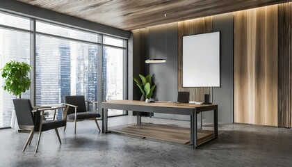 gray and wood ceo office corner lounge and poster