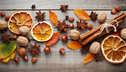 autumn background with candied oranges nuts and spices