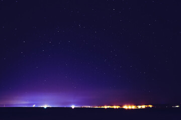 Amazing Night View Sky Above Village. Night Dark Blue Sky Glowing Stars Background Backdrop With Sky Gradient. Colourful Night Starry Sky In Blue Colors.