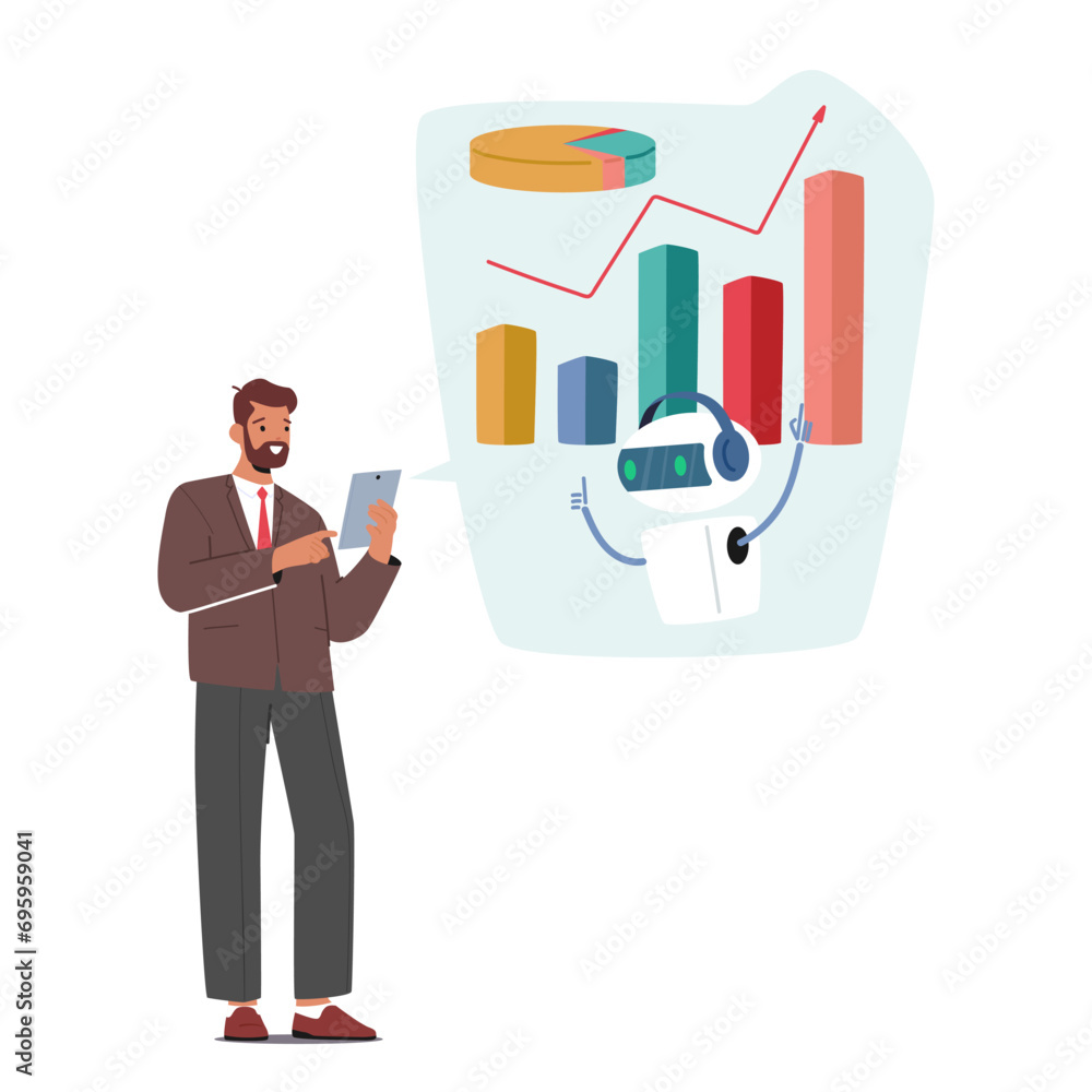 Poster focused businessman utilizes an artificial intelligence assistant to analyze data charts, blending h