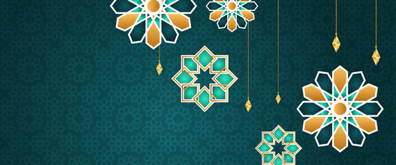 Gold and green vector luxury ramadan banner. Ramadan Kareem background for print, poster, cover, brochure, flyer, banner.