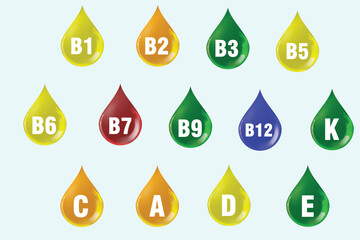 Set of Multi Vitamin complex icons. Multivitamin supplement. Vitamin group A, B1, B2, B3, B5, B6, B7, B9, B12, K, C, D, E drop design icons