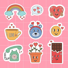 Clip art of happy Valentines day stickers pack for daily planner, diary. Valentine's day sticker badges, labels. Groovy hippie love stickers. Collection of scrapbooking elements for valentines day.