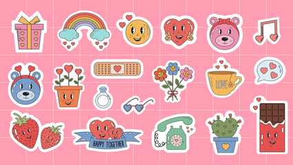 Groovy hippie love stickers. Collection of scrapbooking elements for valentines day. Retro cartoon happy Valentines day stickers pack for daily planner, diary. Valentine's day sticker badges, labels.