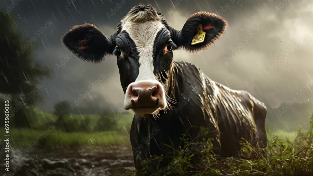 Poster close up of a red cow grazing on pasture in a field on a farm with the sun setting below
