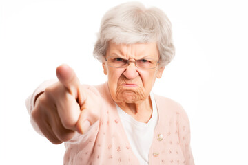 A grandmother pointing with an angry face