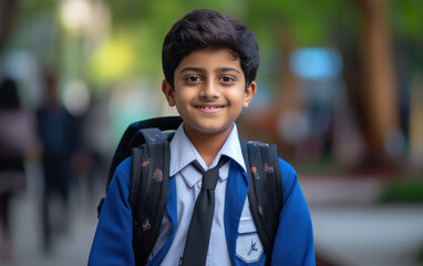 indian boy student wearing school backpack