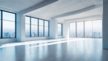 Empty white room with panoramic windows and city view