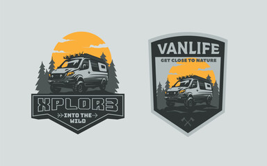 Set of offroad camper van emblems and logo. Logotype for van conversion company. Converted van for offroad expeditions. © dmaryashin