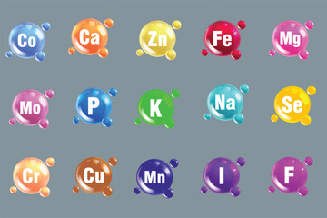 Set of essential supplement icons. Co, Ca, Zn, Fe, Mg, Mo, P, K, Na, Se, Cr, Cu, Mn, I, F - obrazy, fototapety, plakaty