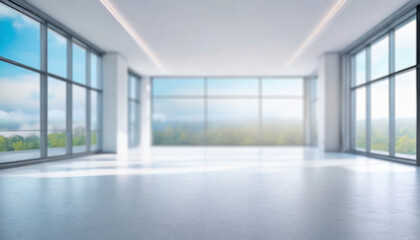 Empty white room with panoramic windows. Modern bright interior design
