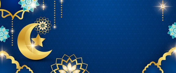 Fototapeta na wymiar Gold and blue vector realistic islamic ramadhan banners set with lanterns. Ramadan Kareem background for print, poster, cover, brochure, flyer, banner.