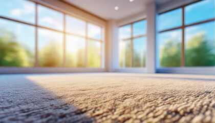 Close-up of carpet and window in living room with sunlight.