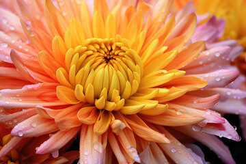 Top view macro close up of pink yellow chrysanthemum flower, floral background