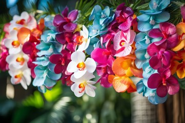 Delicate Hawaii garland flowers. Tropical vacation. Generate Ai