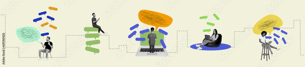 Poster artwork magazine collage picture of workers communicating messages empty space isolated beige color 