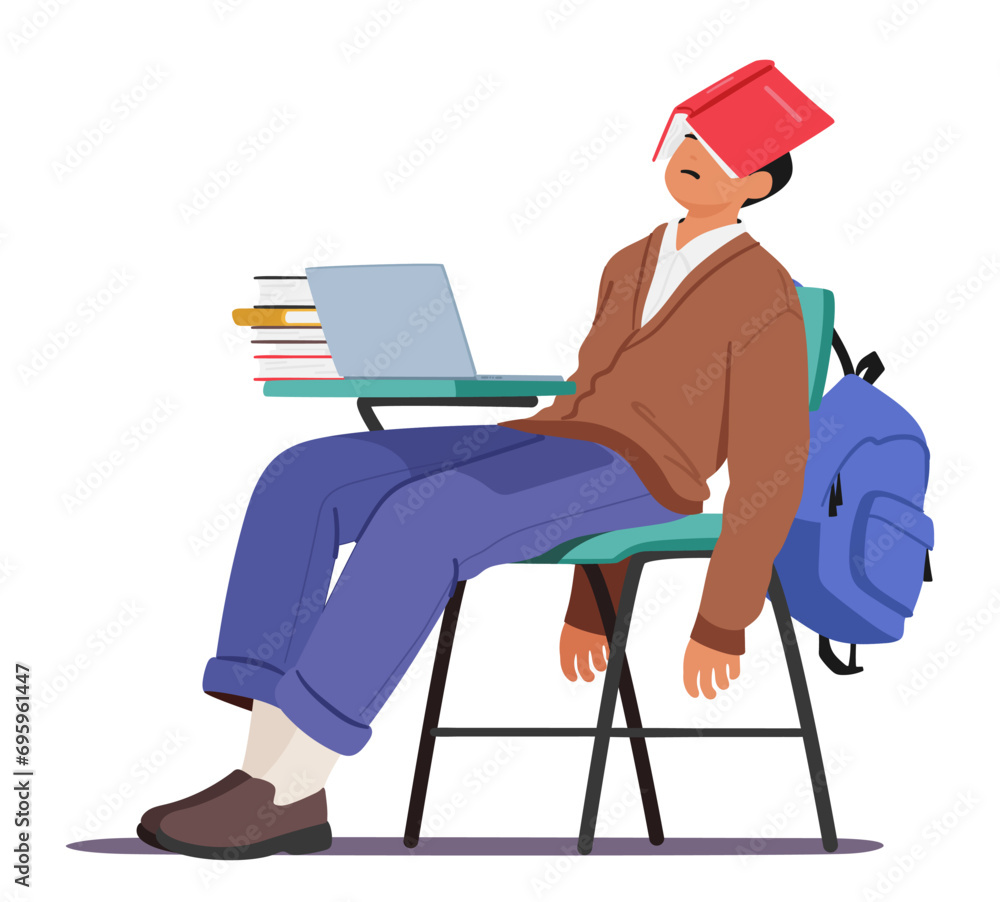 Poster tired student slumbers at desk, laptop open and surrounded by an array of books, seeking refuge in s