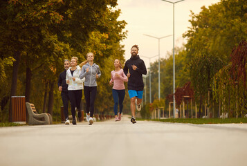 Group of diverse people having jogging workout in city streets. Five young and mature multiethnic people running together on asphalt road, with green trees on both sides. Sport concept