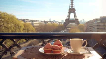Schilderijen op glas  Scenic French breakfast with a breathtaking view of the iconic Eiffel Tower from a balcony © Sandris_ua