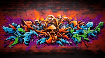 A colorful graffiti artwork on a brick wall.