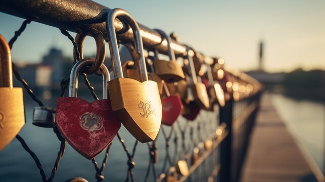 Fototapeta A close-up of love locks attached to a bridge railing, representing eternal love and devotion.