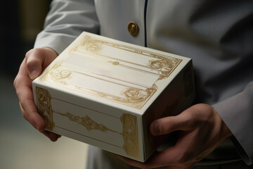 Elegantly adorned with gold details, the box cradled in the hands of a person in a crisp uniform suggests a special delivery, perhaps a gift or a premium product - obrazy, fototapety, plakaty