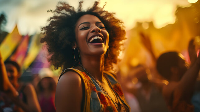 Young african american woman at a music festival outdoors.
