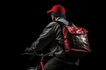 delivery person in eco friendly attire, including a red cap and large red backpack, rides a bicycle, demonstrating a sustainable approach to package delivery